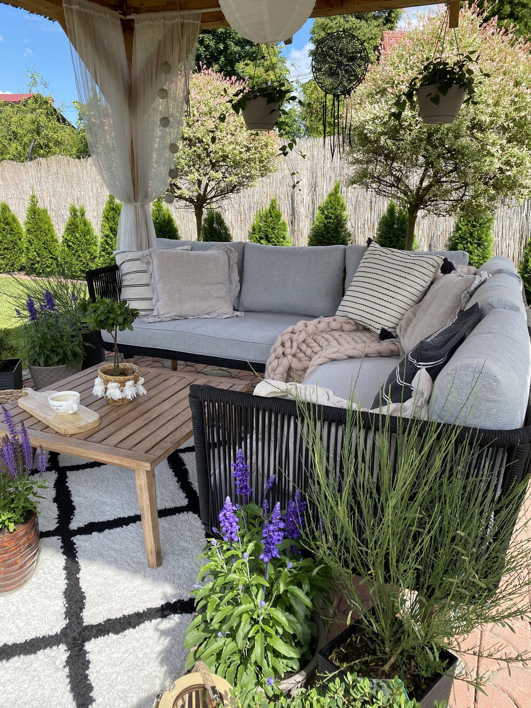 Alcamo Garden Corner Sofa with Table 5 Seater Left Hand Acacia Wood Black