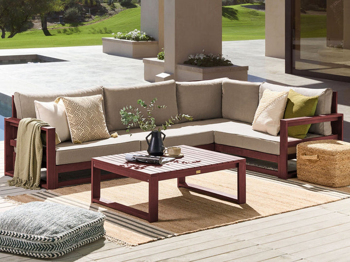 Timor Garden Corner Sofa with Table 4 Seater Left Hand Modular Acacia Wood Dark Red