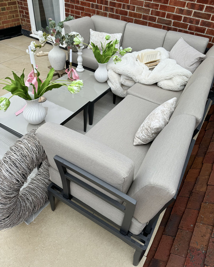 Rima III Garden Corner Sofa with Table 6 Seater Left Hand Modular Metal Beige
