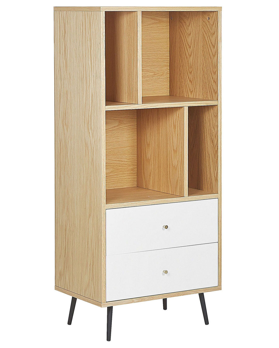 Wooden bookshelf with white drawers on a white background