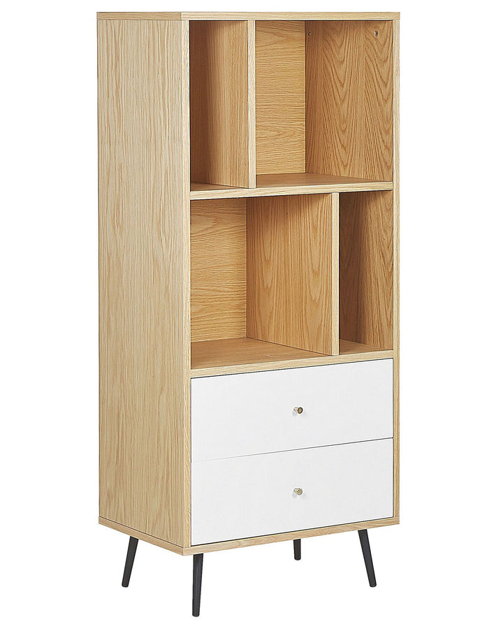Wooden bookshelf with white drawers on a white background