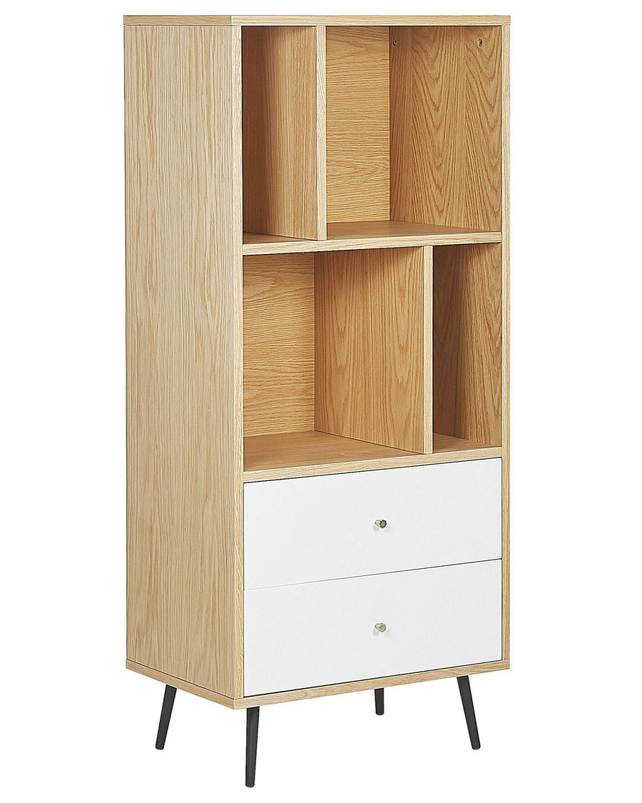 Wooden bookshelf with white drawers on a white background