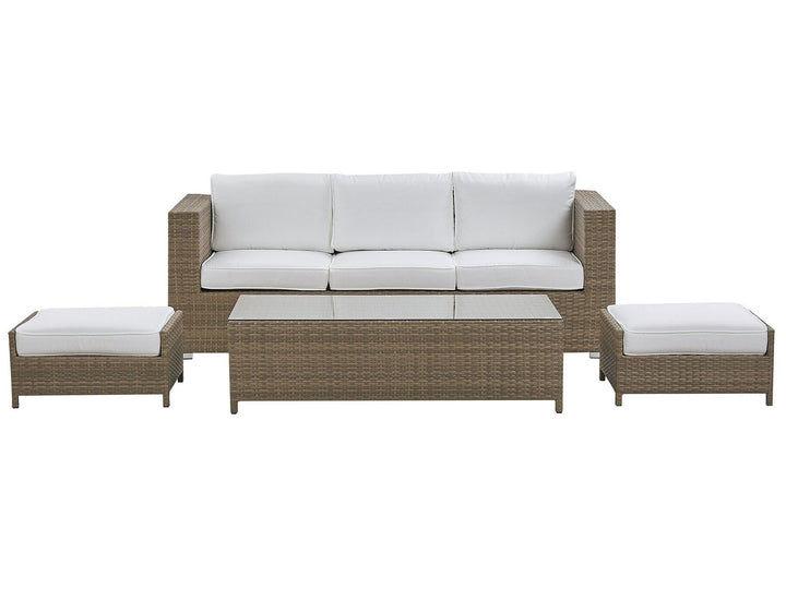 Wicker outdoor furniture set with white cushions on a white background