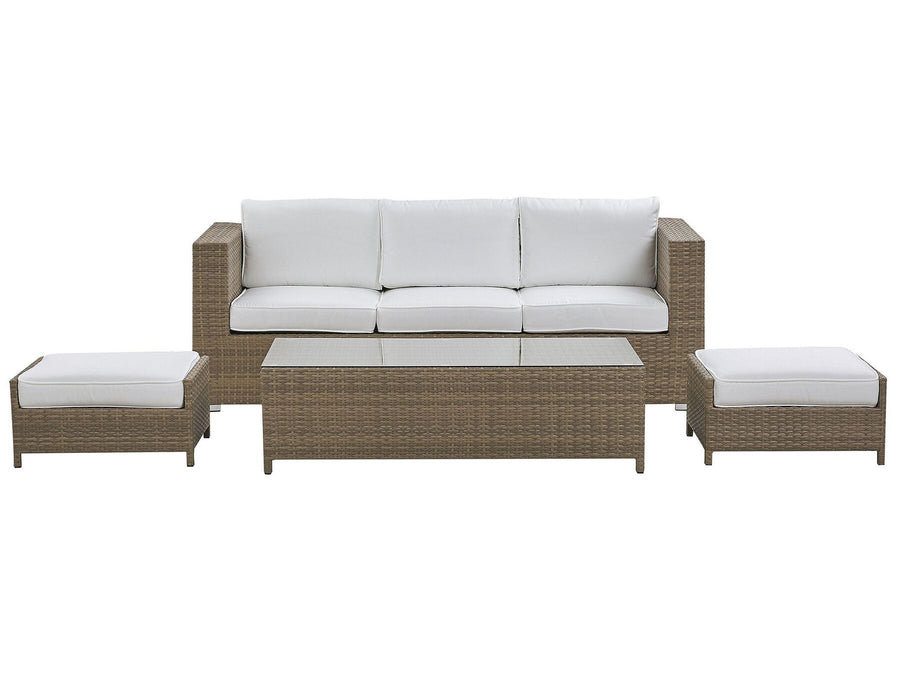Wicker outdoor furniture set with white cushions on a white background