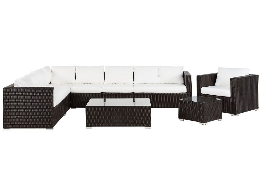 Outdoor furniture set with black frames and white cushions on a white background