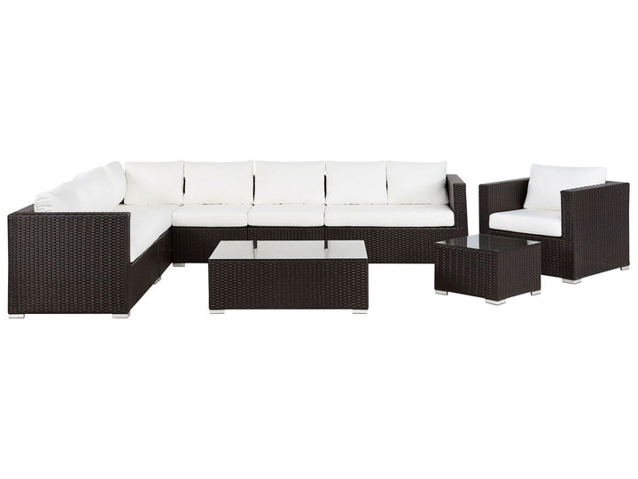 Outdoor furniture set with black frames and white cushions on a white background