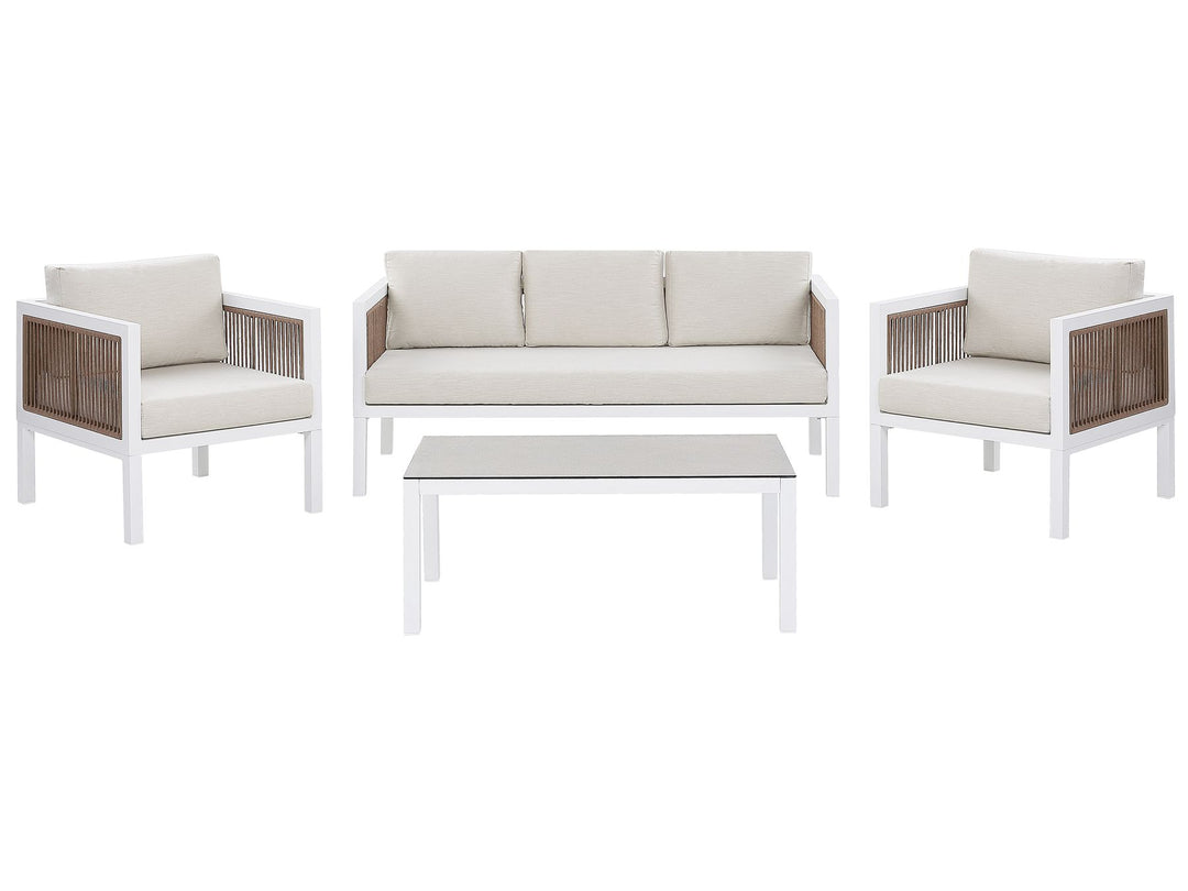 Outdoor furniture set with sofa, chairs, and table on a white background