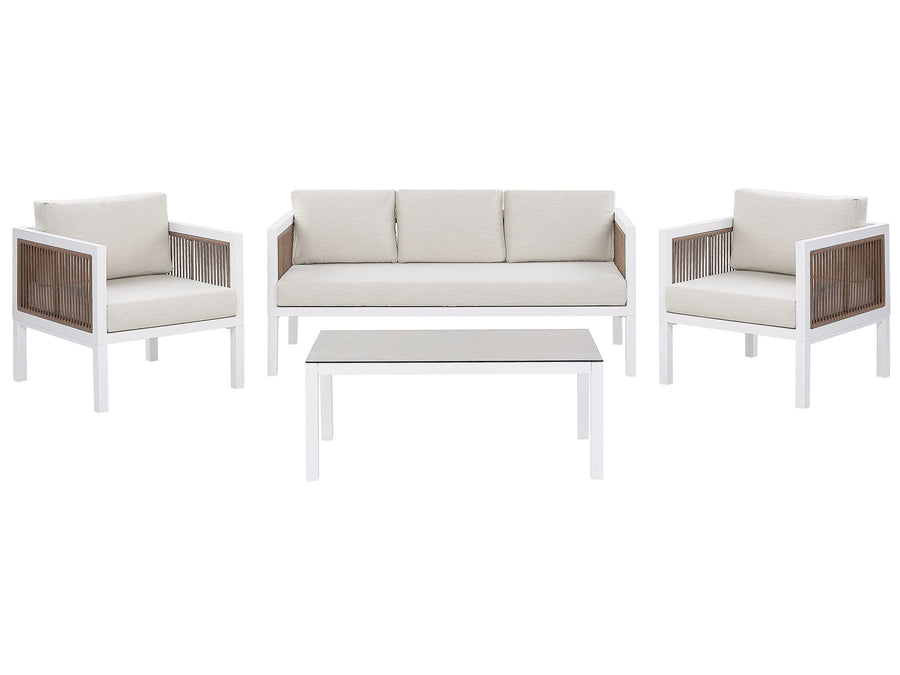 Outdoor furniture set with sofa, chairs, and table on a white background