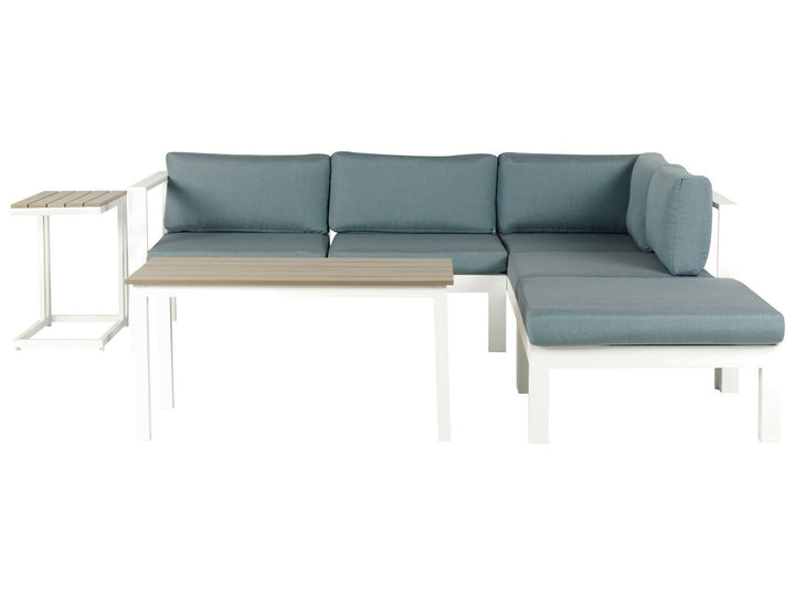 Outdoor sectional sofa with light blue cushions and a small table on a white background