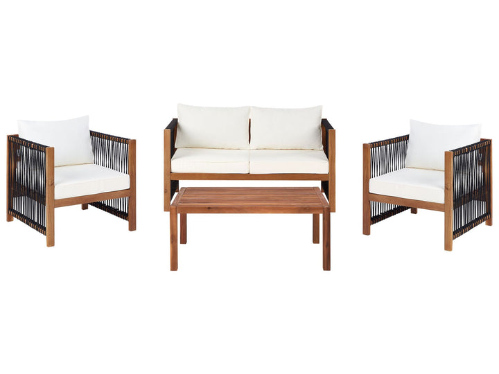 Outdoor furniture set with wooden frames and white cushions on a white background