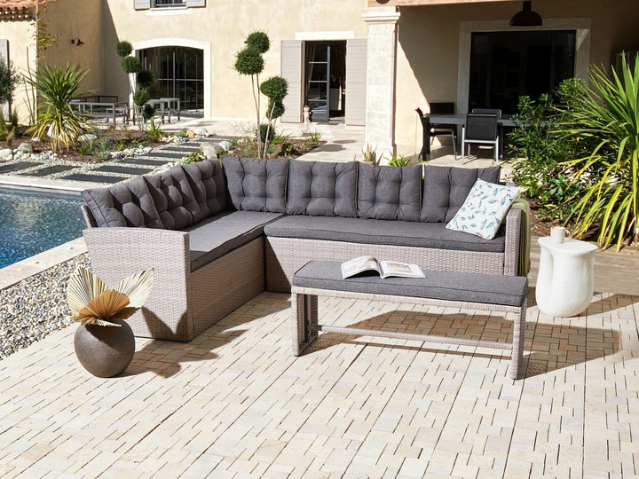 Viterbo 8 Seater PE Rattan Garden Corner Sofa with Bench Grey