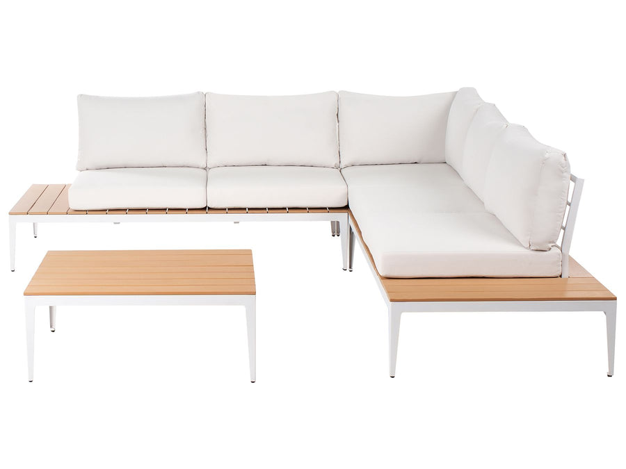 White outdoor sectional sofa with wooden tables on a white background