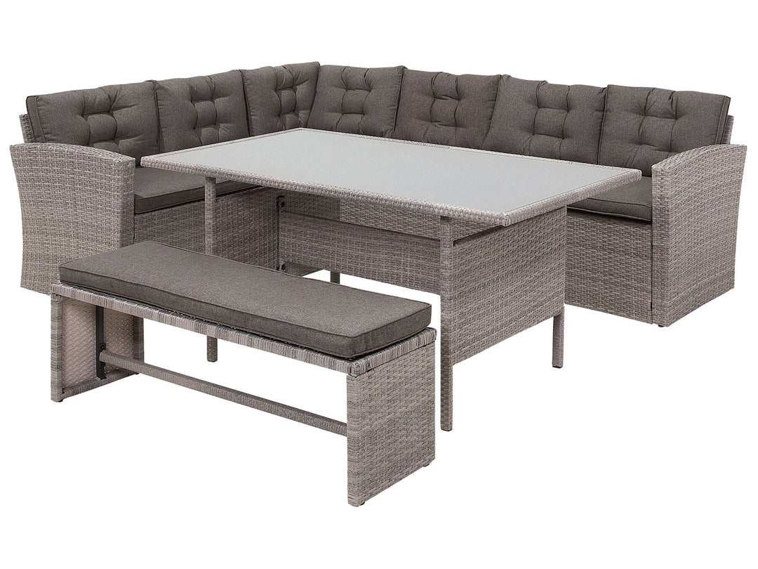Outdoor furniture set with gray cushions on a white background