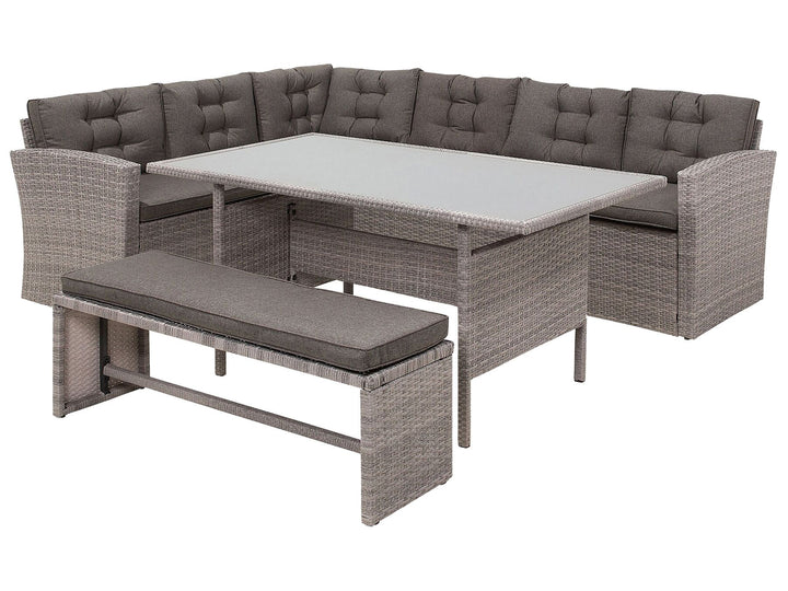 Outdoor furniture set with gray cushions on a white background