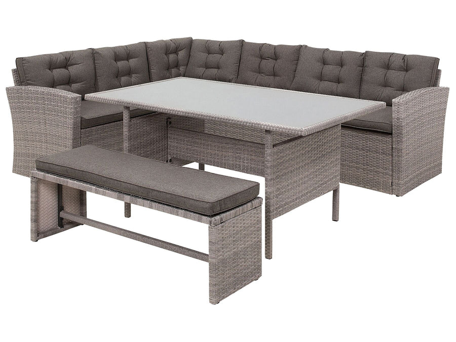 Outdoor furniture set with gray cushions on a white background