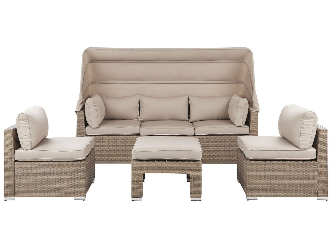 Beige outdoor furniture set with cushions on a white background