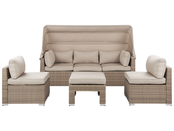 Beige outdoor furniture set with cushions on a white background