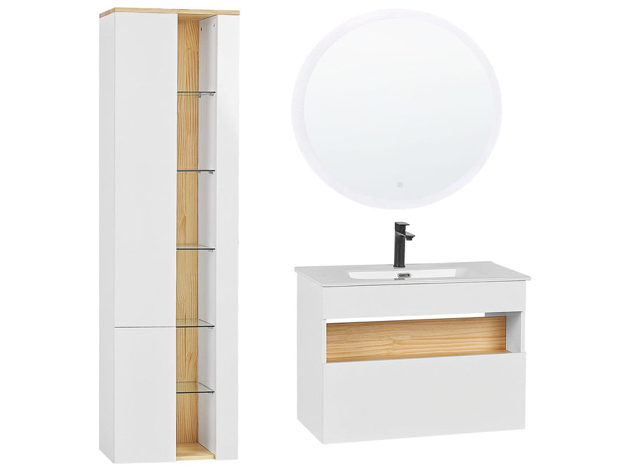 Bathroom vanity with sink, mirror, and tall cabinet on a white background
