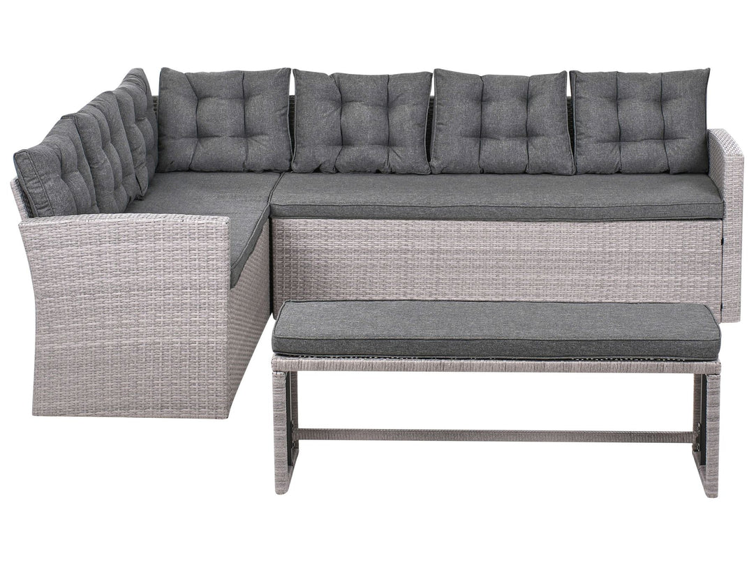 Gray outdoor sectional sofa with cushions on a white background