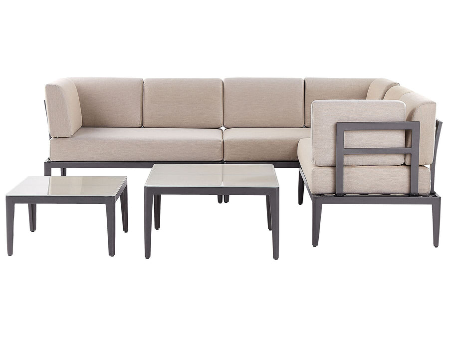 Beige outdoor sofa set with matching chairs and tables on a white background