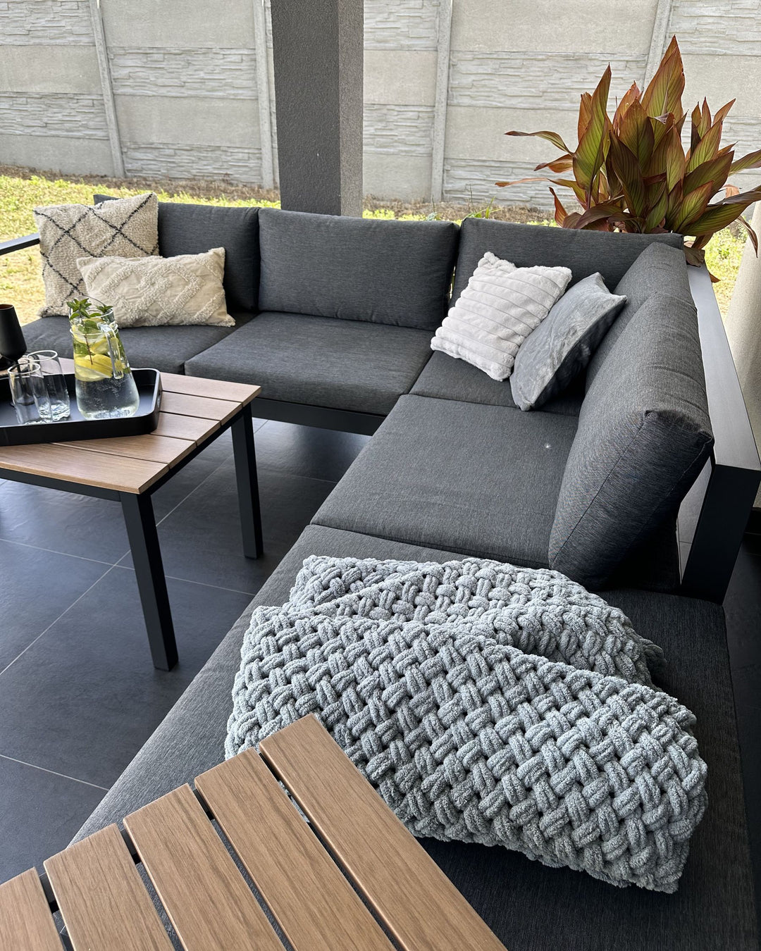 Messina Garden Corner Sofa with Table 5 Seater Left Hand Metal Black
