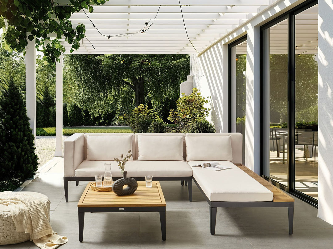 Bracciano Garden Corner Sofa with Table 3 Seater Left Hand Certified Acacia Wood Light Beige