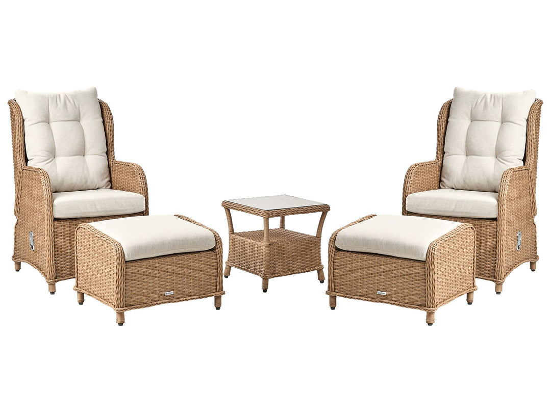 Outdoor furniture set with two chairs, ottoman, and small table on a white background