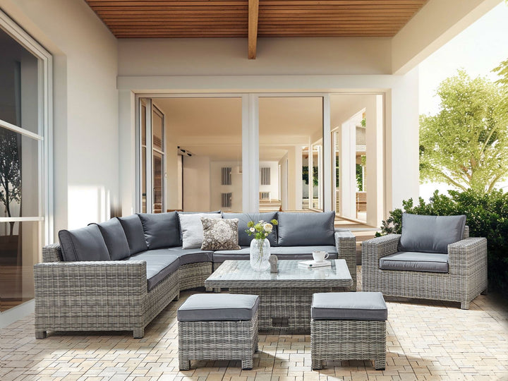 Teglio Garden Lounge Set with Table and Ottoman 9 Seater Modular PE Rattan Grey