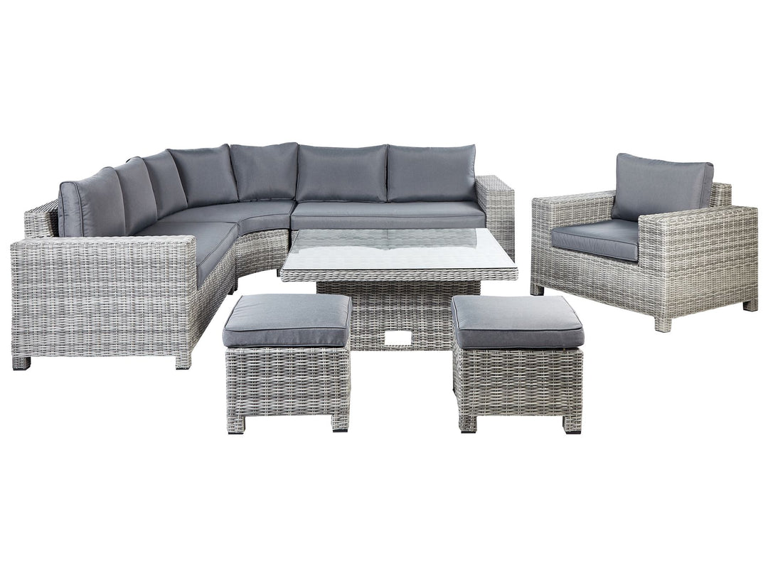 Outdoor furniture set with gray cushions on a white background