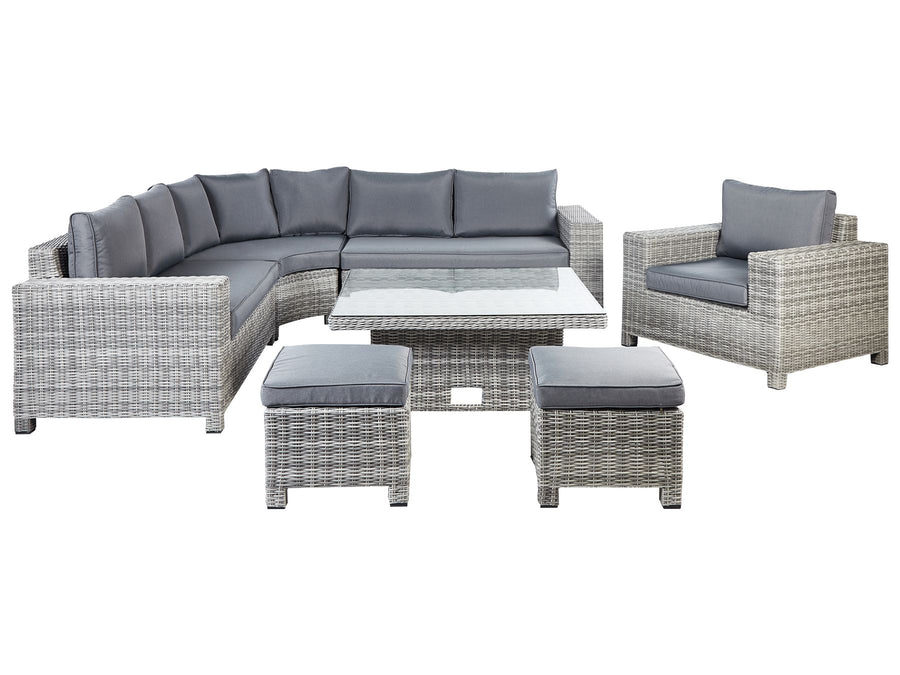 Outdoor furniture set with gray cushions on a white background