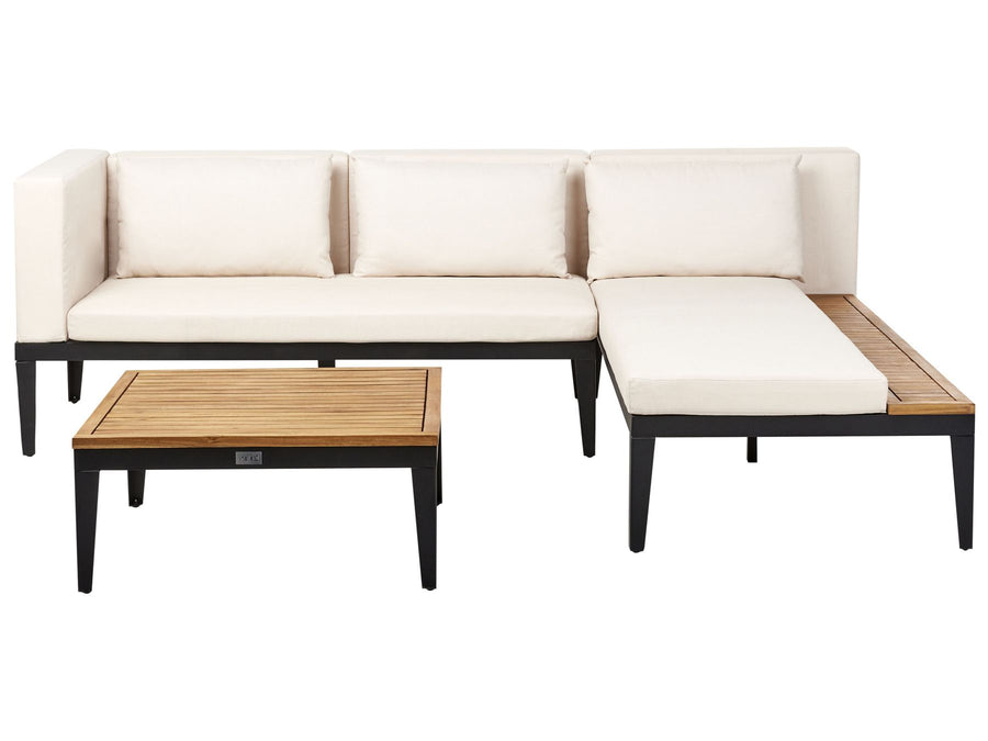White sectional sofa with wooden coffee table on a white background