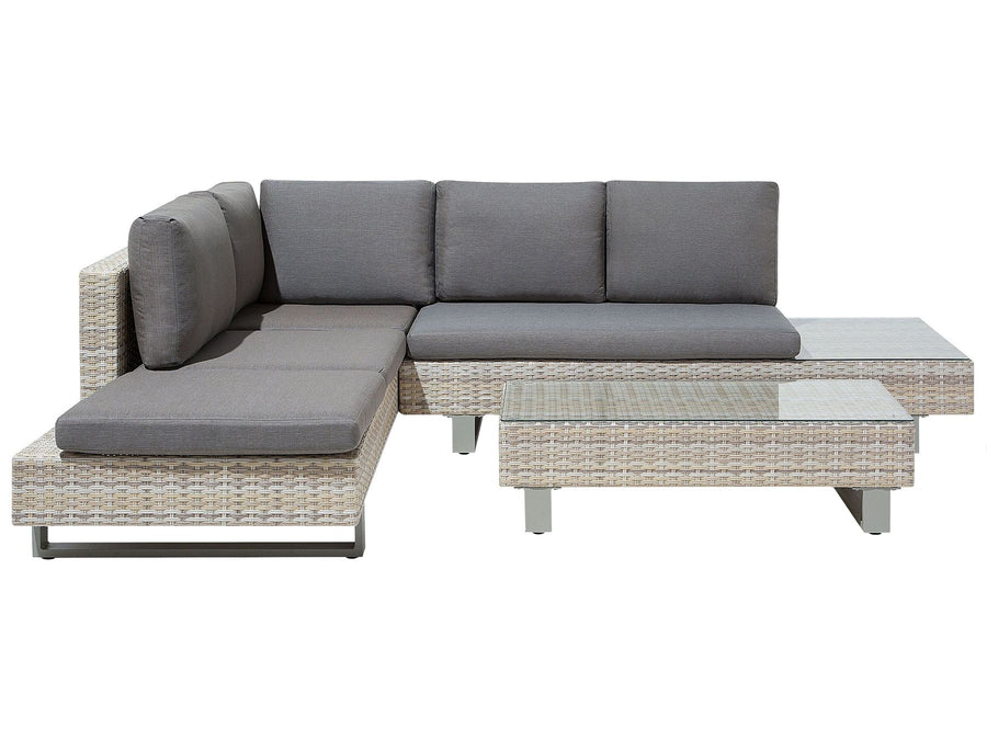 Gray sectional sofa with wicker frame on a white background