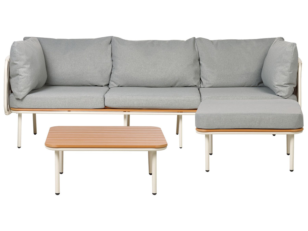 Gray sectional sofa with wooden coffee table on a white background