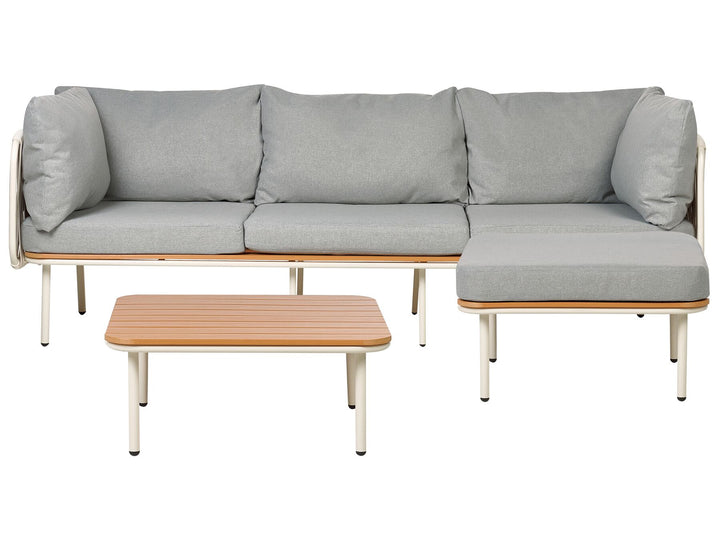 Gray sectional sofa with wooden coffee table on a white background