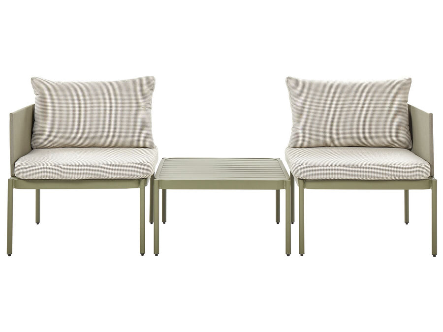 Outdoor furniture set with two chairs and a table on a white background