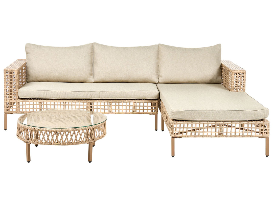 Wicker outdoor sofa set with beige cushions on a white background