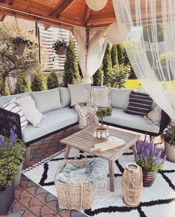 Alcamo Garden Corner Sofa with Table 5 Seater Left Hand Acacia Wood Black
