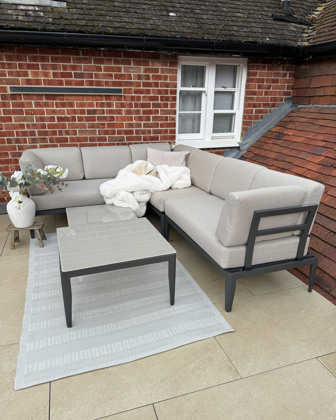 Rima III Garden Corner Sofa with Table 6 Seater Left Hand Modular Metal Beige