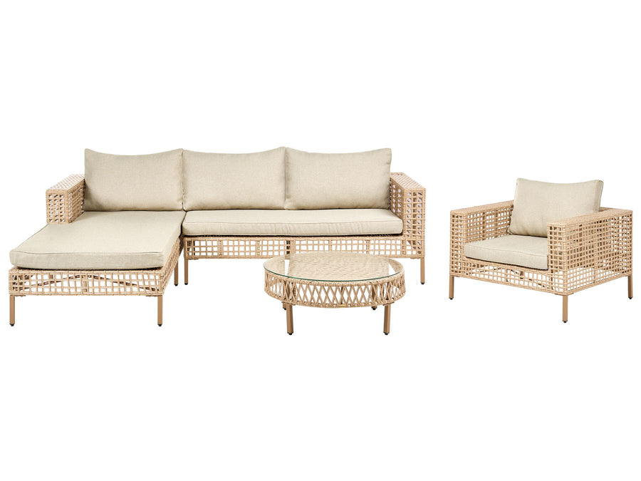 Wicker outdoor furniture set with beige cushions on a white background