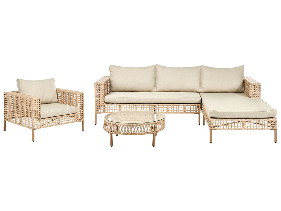 Wicker outdoor furniture set with beige cushions on a white background