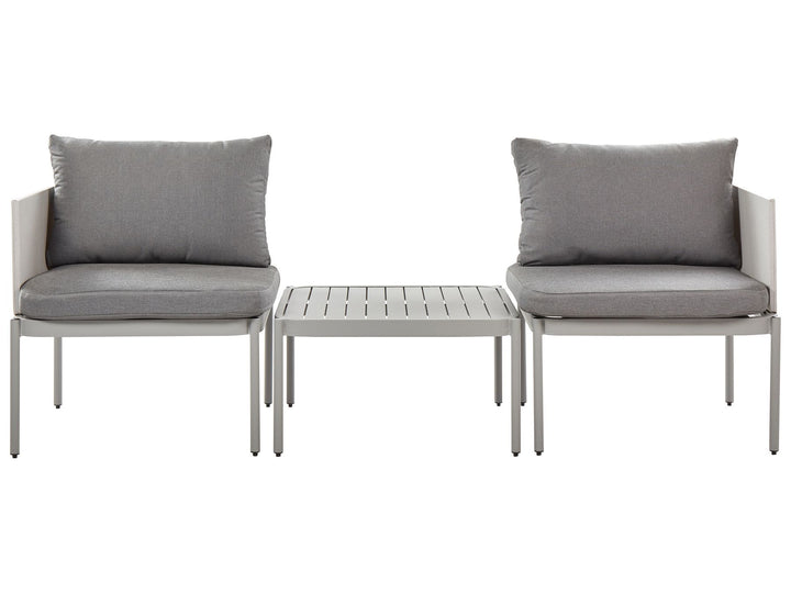 Two gray cushioned chairs with a matching table on a white background