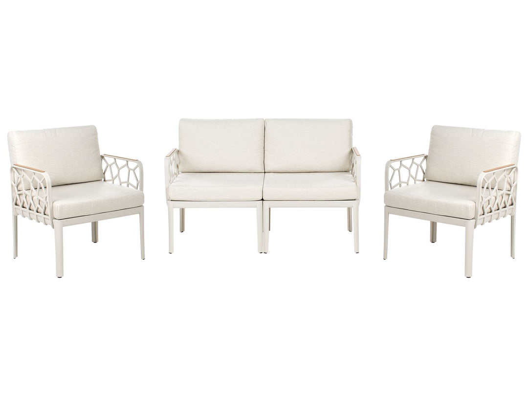 White outdoor furniture set with two chairs and a sofa on a white background