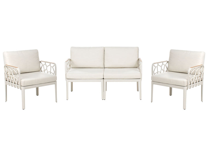 White outdoor furniture set with two chairs and a sofa on a white background