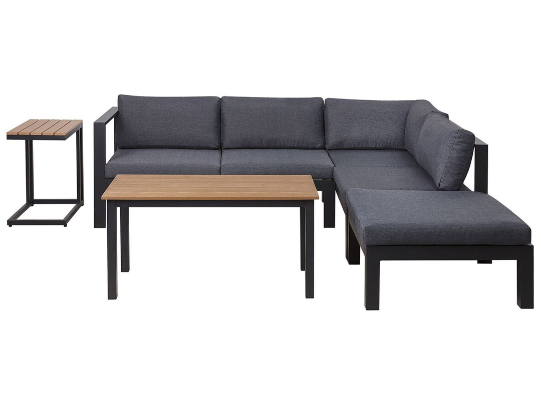 Gray sectional sofa with wooden tables on a white background
