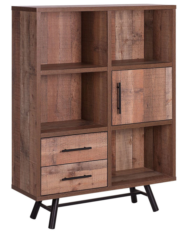 Wooden bookshelf with multiple shelves and drawers on a white background