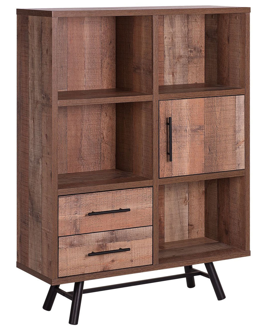 Wooden bookshelf with multiple shelves and drawers on a white background