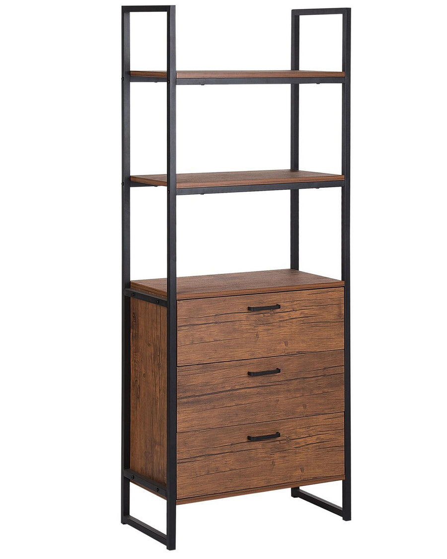 Wooden shelf with three drawers and metal frame on a white background