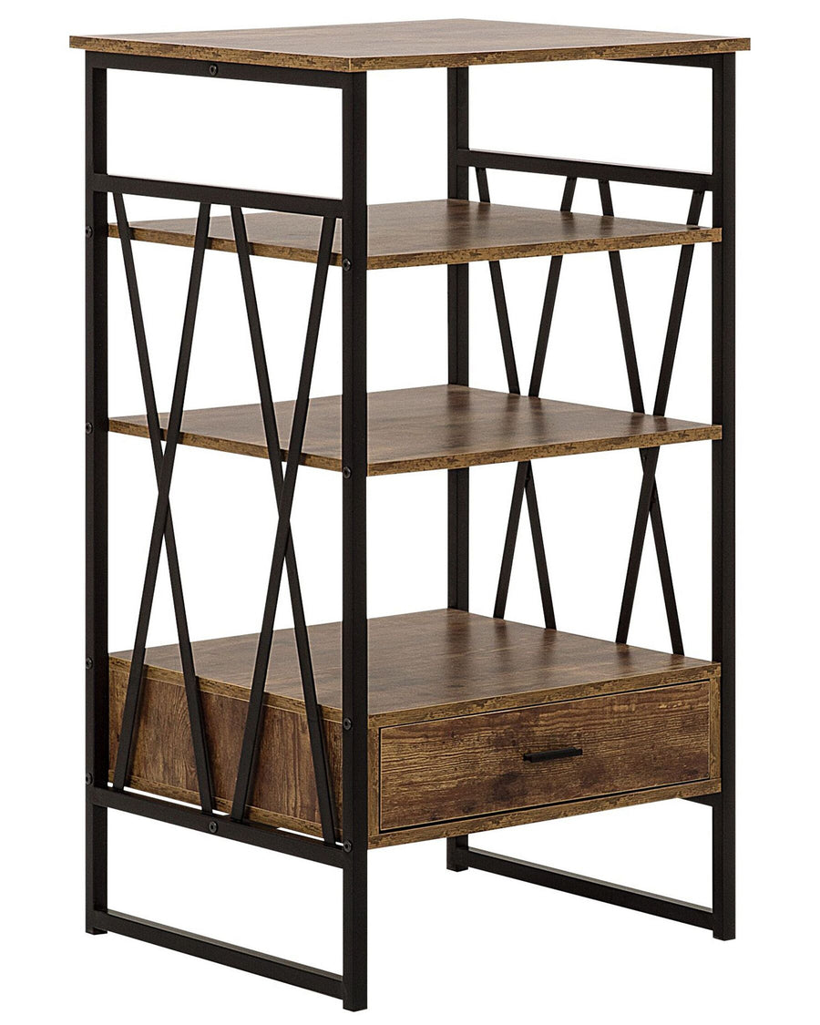 Bookshelf with wooden shelves and a metal frame on a white background
