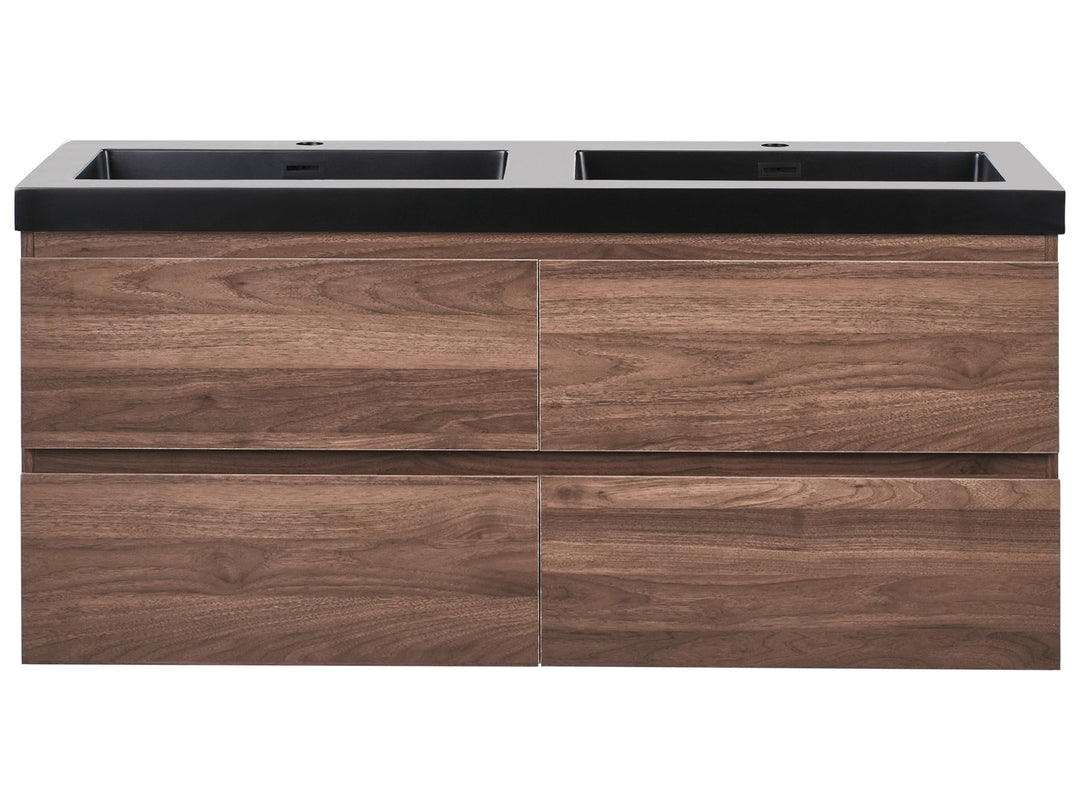 Wooden vanity with two sinks on a white background