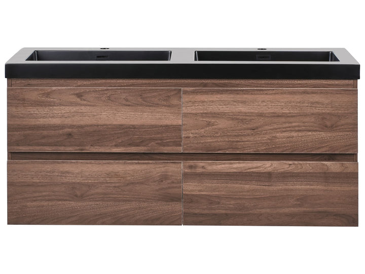 Wooden vanity with two sinks on a white background